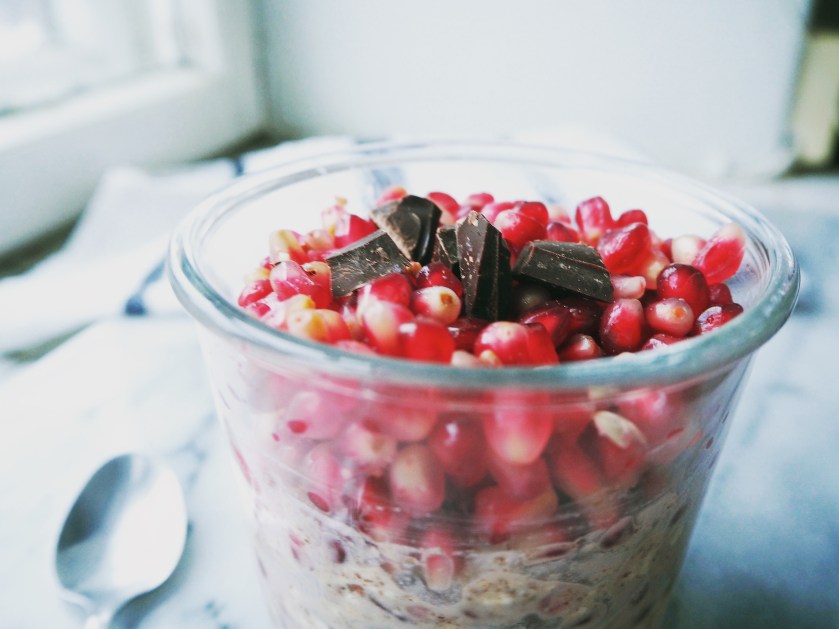 Overnight Oats With Pomegranate Seeds And Chocolate Chunks